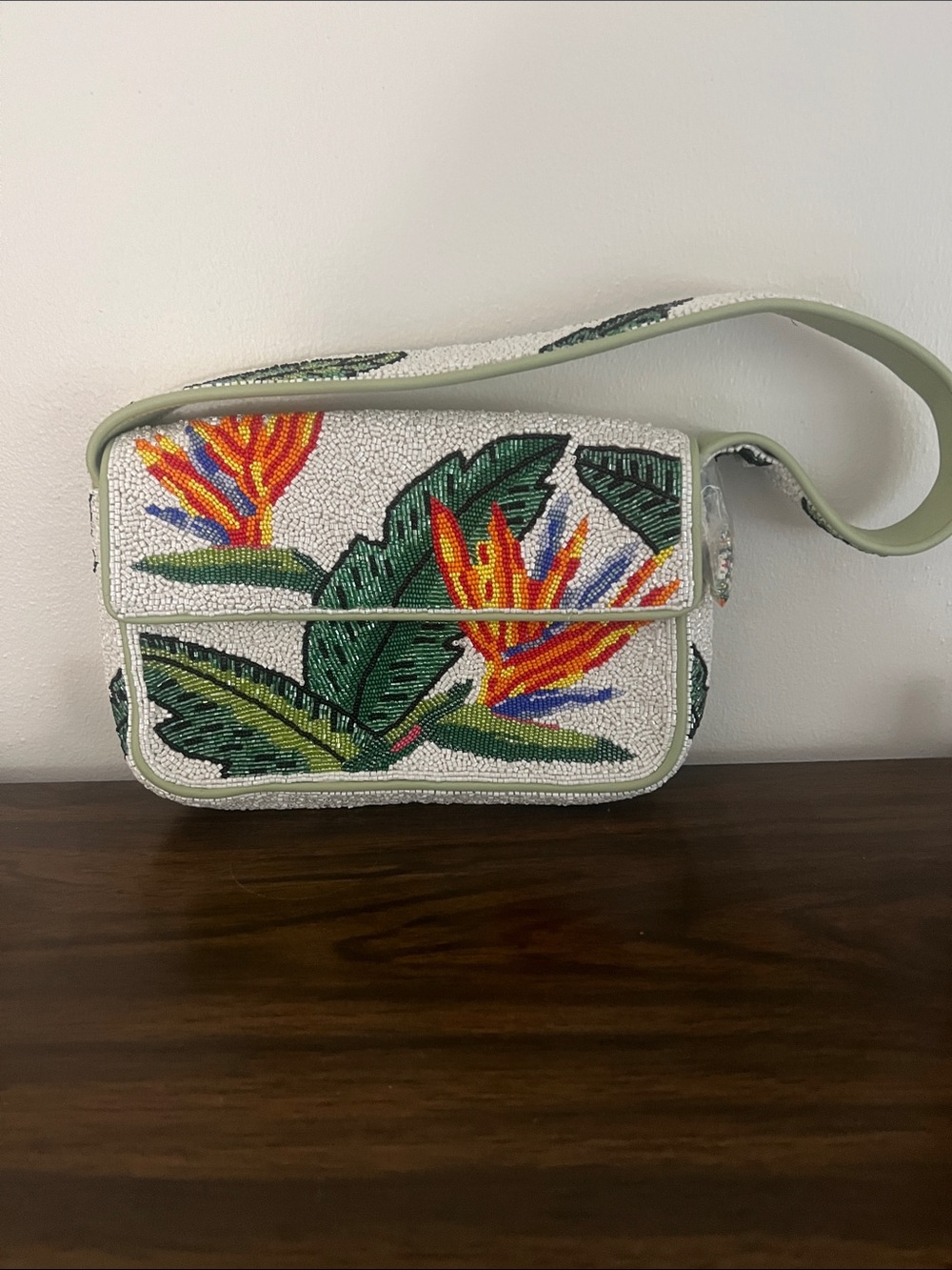 Staud Beaded Tropical Floral Shoulder  Bag in White and Green